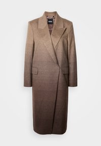 Bruine wollen mix jas met een getailleerde silhoutte, met notch revers en twee voorzakken, met een kleurverloop van licht naar donker.