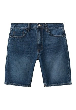 Pantalones cortos de mezclilla azul oscuro con botón y cremallera delanteros, trabillas para cinturón, dos bolsos delanteros y un pequeño bolsillo para monedas en el lado derecho.