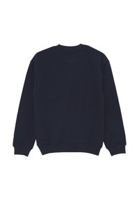 Felpa blu navy a girocollo con maniche lunghe, polsini e orlo a coste. Tessuto morbido, con un retro semplice senza loghi o decorazioni.