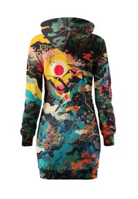 Hooded sweatshirt dress featuring a colorful, detailed Japanese-inspired print with cranes, cherry blossoms, and abstract landscapes.