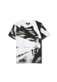 Katoenen t-shirt met een zwart-wit abstracte print met rode accenten, ronde hals en korte mouwen. Merkenlogo gecentreerd op de voorkant.