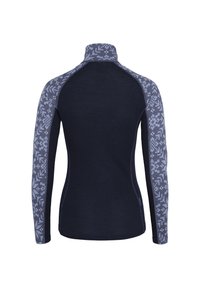 Fleece langemouwen top in donker marineblauw met gestreepte grijze mouwen. Voorzien van een hoge kraag en een slim fit met ribbeltextuur.