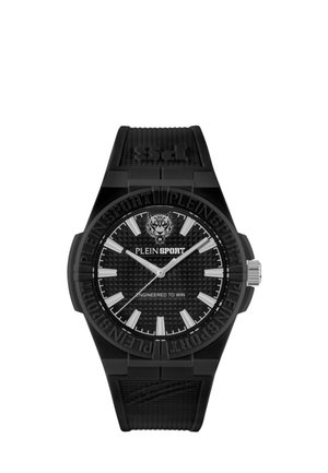 Orologio sportivo da polso nero con quadrante lavorato, indici delle ore argentati, logo della tigre e testi "Plein Sport" e "Engineered to Win" sul quadrante.
