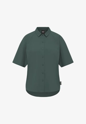 Donkergroen overhemd met korte mouwen, knoopsluiting en kraag, met merklabel aan de zijkant, afgebeeld op een witte achtergrond.