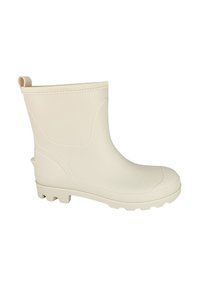 Beige rubber enkelboot met een gladde oppervlakte, ronde neus, en een gestructureerde zool voor grip. Voorzien van een trekband aan de achterkant voor eenvoudig aan- en uittrekken.