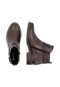 Bottines en cuir marron à finition texturée, avec fermeture éclair sur le côté et talon empilé. Présente un cousu horizontal sur la tige.