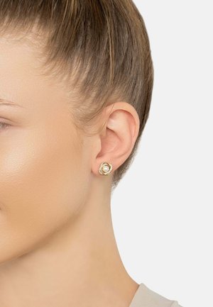 Gold-tone stud earrings featuring a circular design with a central pearl and small crystal accents, creating a textured and elegant appearance.