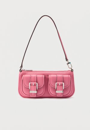 Pink leather handbag with two front pockets, silver hardware, and a long strap. Textured finish and zipper closure at the top.
