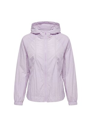 Hellviolette Kapuzenjacke mit durchgehendem Frontreißverschluss und elastischen Bündchen, von vorne vor weißem Hintergrund gezeigt.