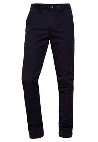 Chinos blu scuro in cotone, con vestibilità slim, due tasche frontali e chiusura con bottone. Tessuto liscio con dettagli minimi.