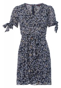 Granatowa sukienka w kwiaty z krótkimi bufkami, akcentami w postaci wiązań, zapięciem na guziki i dopasowanym wcięciem w talii. Posiada białe i żółte wzory kwiatowe.