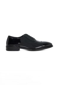 Black patent leather dress shoe with a rounded toe, closed lacing, and a low stacked heel. Features subtle stitching and a glossy finish.