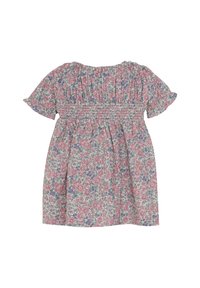 Bloemjurk met korte volants mouwen, gerimpelde bodice en een patroon van roze en blauwe bloemen op een lichte achtergrond. Lichte stof.