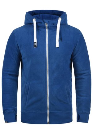 Sudadera con cremallera azul hecha de material de forro polar, que cuenta con capucha con cordón, bolsillos frontales y puños de canalé. Textura suave y diseño sencillo.