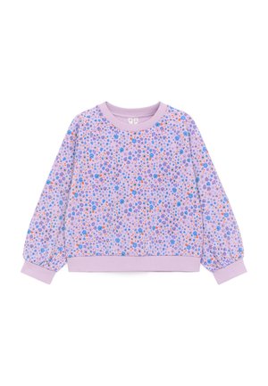 Sudadera de manga larga para niños en color lavanda con puños y bajo acanalados, con un pequeño patrón floral multicolor en azul, rosa y naranja.