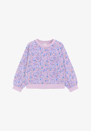 Otroški dolg rokav lavandina majica s patentom na manšetah in spodnjem robu, z večbarvnim majhnim cvetličnim vzorcem v modri, roza in oranžni barvi.