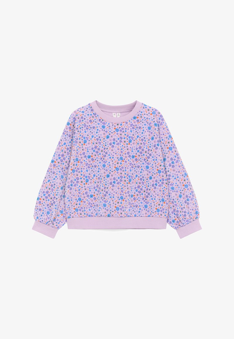 Sweat-shirt lavande à manches longues pour enfants avec poignets et ourlet côtelés, avec un petit motif floral multicolore en bleu, rose et orange.