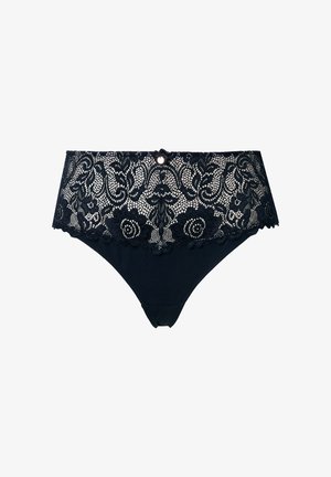Bas en dentelle noire présentant des motifs floraux élaborés, un bord festonné et un petit bouton décoratif à l'avant.
