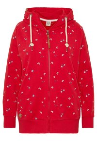 Czerwona bluza rozpinana na zamek, wykonana z miękkiego materiału, z kapturem, ozdobiona kwiatowym wzorem w kolorach niebieskim i białym, z kremowymi sznurkami.