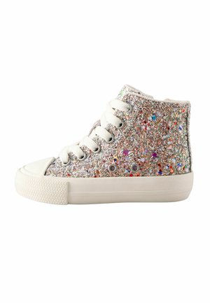 HochSneaker, bedeckt mit buntem Glitzer, weißen Schnürsenkeln und einer weißen Gummisohle.
