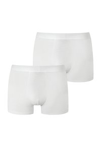 Boxers en coton blancs avec une texture lisse, dotés d'une taille douce et d'une coupe classique, présentés en paquet de deux.