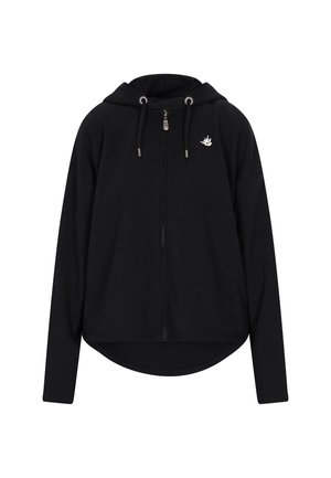 Sudadera negra con cremallera hecha de una tela suave, que cuenta con una capucha forrada, un ajuste holgado y un pequeño logo en el pecho. Dobladillo redondeado en la parte inferior.