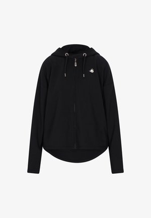 Sudadera negra con cremallera hecha de una tela suave, que cuenta con una capucha forrada, un ajuste holgado y un pequeño logo en el pecho. Dobladillo redondeado en la parte inferior.