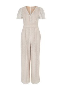 Beige lace jumpsuit with short puff sleeves, V-neckline, and a fitted waist. Features a striped pattern and back zipper closure.