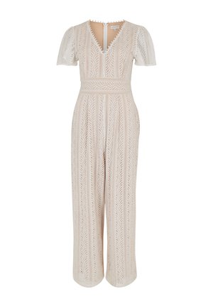 Beige spetsbyxdress med korta puffärmar, V-ringning och figurnära midja. Har ett randigt mönster och dragkedja bak.