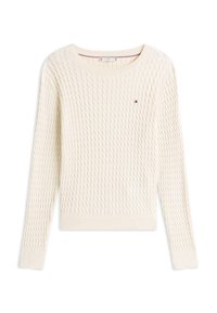 Pull à manches longues couleur crème en tricot torsadé avec col rond et petit logo brodé sur la poitrine.