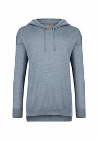 Ljusblå hoodie i mjukt tyg, med dragsko i huvan, långa ärmar och ribbade muddar och nederkant. Slät textur och enkelt design.