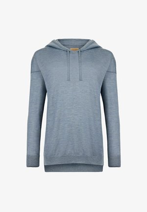 Jasnoniebieska bluza z kapturem wykonana z miękkiego materiału, z regulowanym kapturem, długimi rękawami oraz ściągaczami przy rękawach i u dołu. Gładka struktura i prosty design.