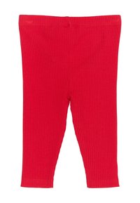 Piros bordázott pamut leggings, rugalmas derékkal. Az anyag sima, egyenletes textúrájú és testhezálló fazonú.