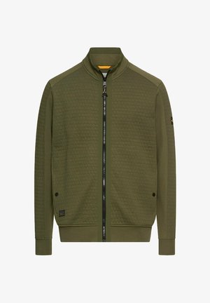 Olivgrüner Reißverschluss-Hoodie mit Wabenstruktur, hohem Kragen und kontrastierendem Reißverschluss. Verfügt über gerippte Bündchen und Saum sowie seitliche Taschen.