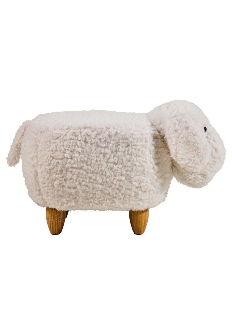 Witte pluche kruk gevormd als een schaap met een gestructureerde vachtafwerking, houten poten, ronde romp en geborduurde ogen.