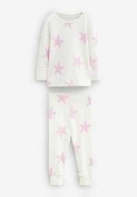 Ensemble pyjama deux pièces en coton blanc avec motifs d'étoiles roses. Haut à manches longues avec poignets côtelés et pantalon assorti avec taille élastique.