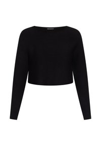 Pull en maille noir à manches longues, court, avec un col rond et une texture côtelée.