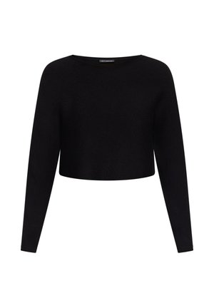 Czarny, długi rękaw, krótki sweter dzianinowy z okrągłym dekoltem i prążkowaną fakturą.