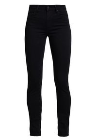 Jeans skinny negros hechos de denim de algodón elástico. Presentan un diseño clásico de cinco bolsillos, presillas para cinturón y un cierre frontal con un botón.
