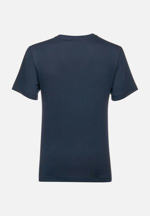 T-shirt blu scuro con maniche corte, scollatura rotonda e texture liscia. Retro semplice senza loghi o motivi visibili.