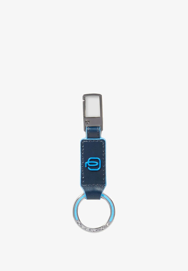 Leather keychain with blue stitching, blue logo, and metal ring and clip, isolated on white background.
