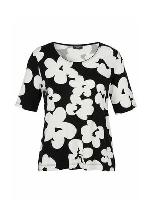 Schwarzes kurzärmeliges Hemd mit großem weißem Blumenmuster und rundem Ausschnitt.