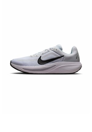 Weißer Nike Laufschuh mit schwarzem Swoosh-Logo, Mesh-Obermaterial, gepolsterter Sohle und Schnürverschluss, seitlich auf weißem Hintergrund dargestellt.