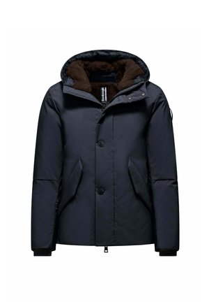 Marine blauwe pufferjas met een bruin fleece-voering capuchon, knoopsluiting, zijzakken en elastische manchetten voor warmte en comfort.