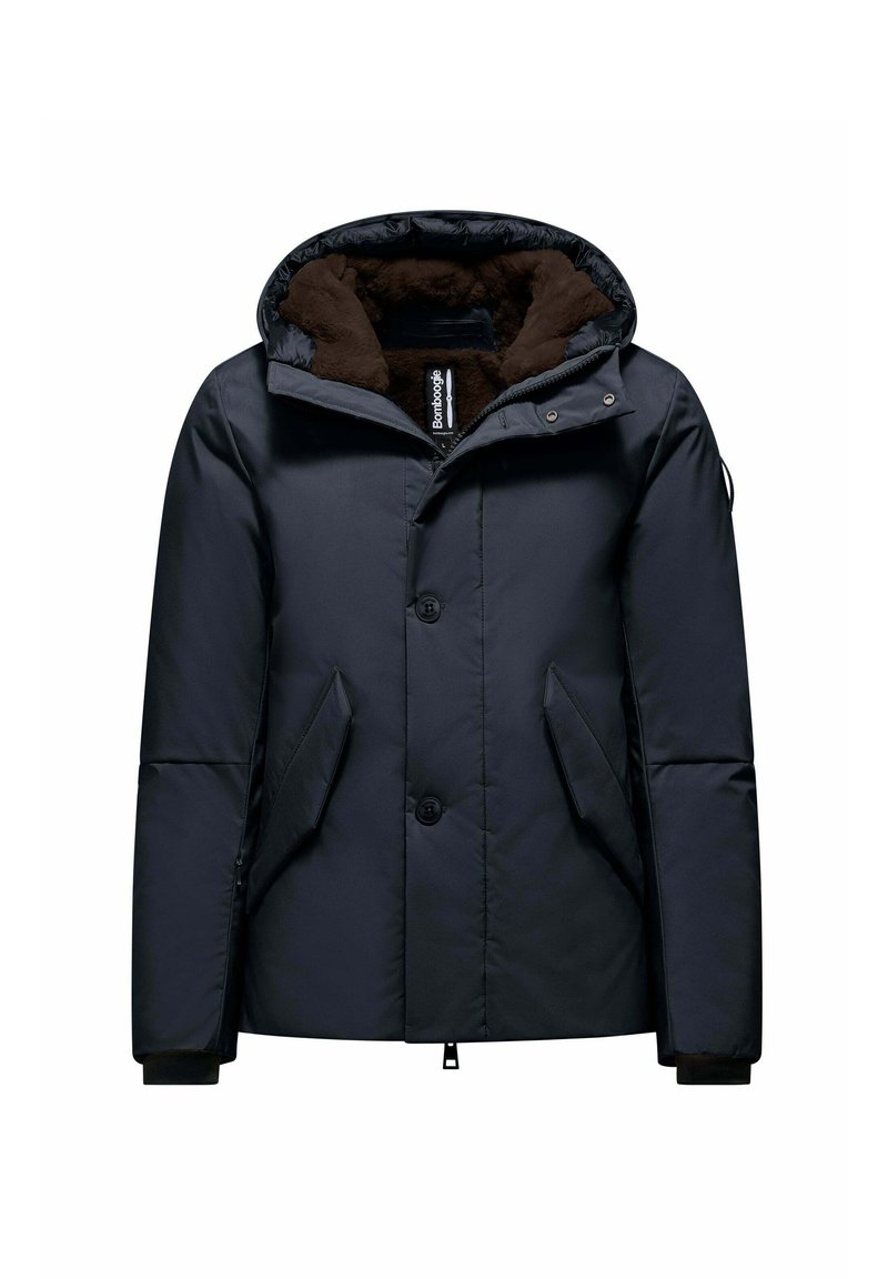 Giubbotto imbottito blu navy con cappuccio foderato in pile marrone, chiusura a bottoni, tasche laterali e polsini elasticizzati per calore e comfort.