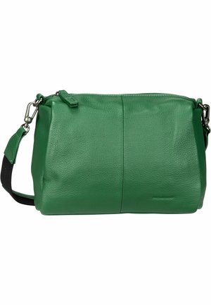 Green leather crossbody bag with zipper closure and adjustable black strap, featuring subtle brand embossing on front.