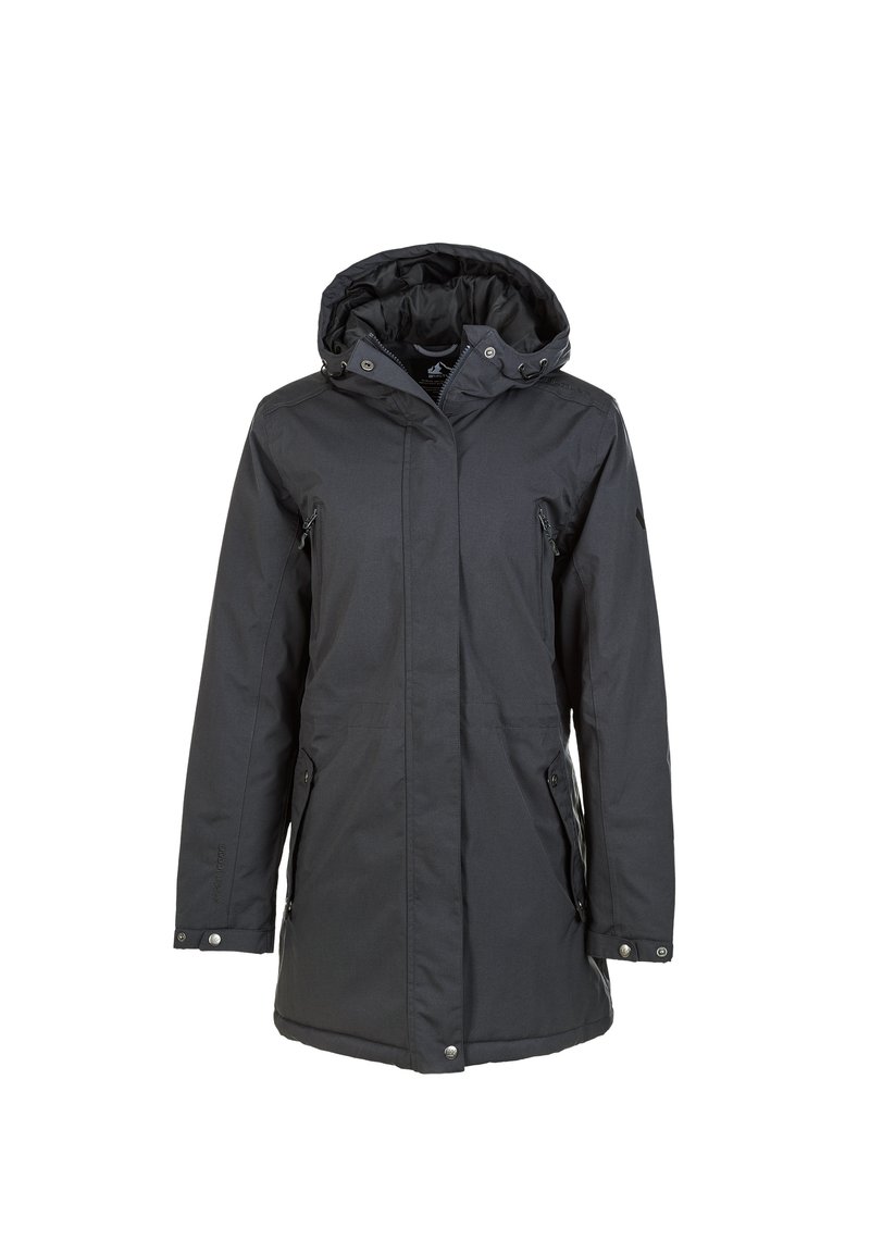 Zwarte waterdichte parka met capuchon, voorzien van ritszakken aan de zijkanten, een rechte snit en drukknoopsluiting. Duurzame textuur, minimalistisch ontwerp.