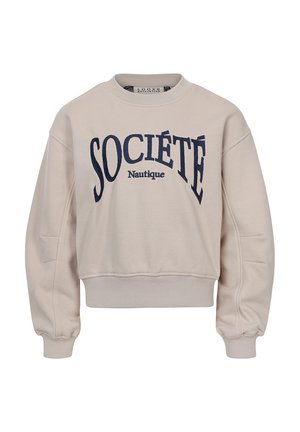 Beige katoenen sweatshirt met een oversized pasvorm, geribbelde boorden en ronde hals. Bevat het marineblauwe geborduurde teks "SOCIÉTÉ Nautique."