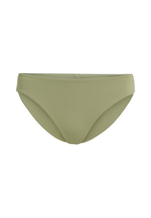 Grønn bikinitruse med en glatt, teksturert overflate, lavt liv og minimalistisk design. Ingen synlige mønstre eller detaljer i metall.