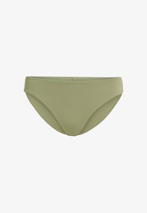 Bas de bikini vert avec une finition lisse et texturée, taille basse et design minimaliste. Pas de motifs visibles ni détails matériels.